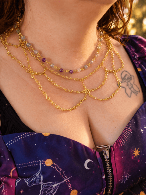 Collier Iris en fluorite – Bijou bohème doré fait main   