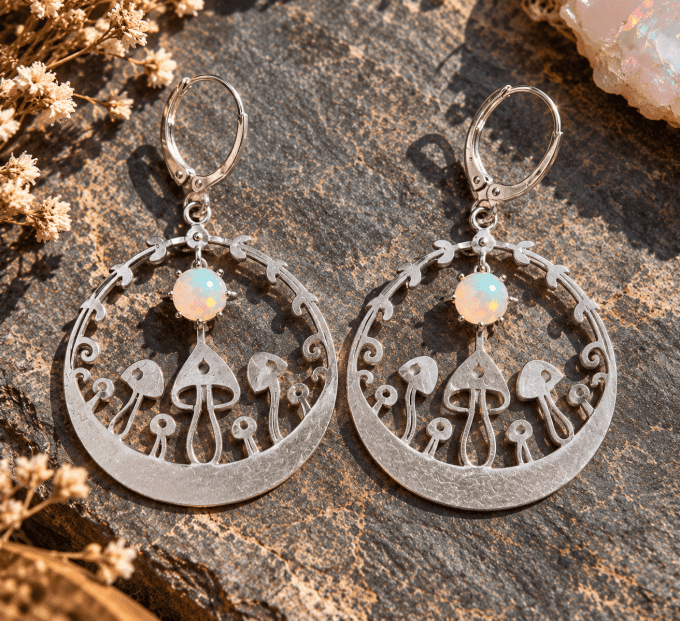 Boucle d'oreille champignon Opale blanche 5mm éthiopienne