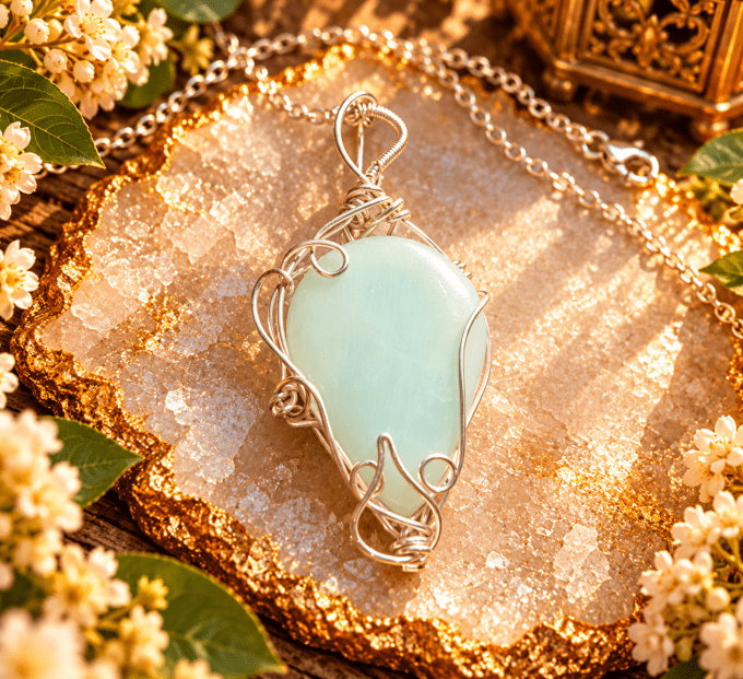 Pendentif Calcite Verte , pierre d’équilibre & renouveau.