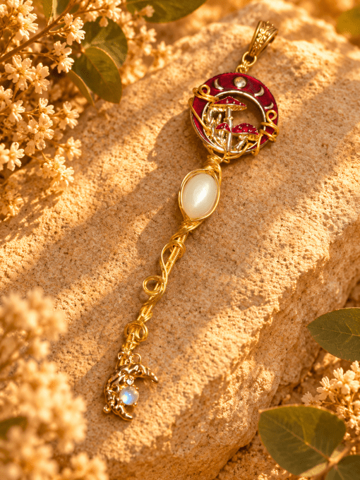 Clé champignon d’or rouge et pierre de lune 
