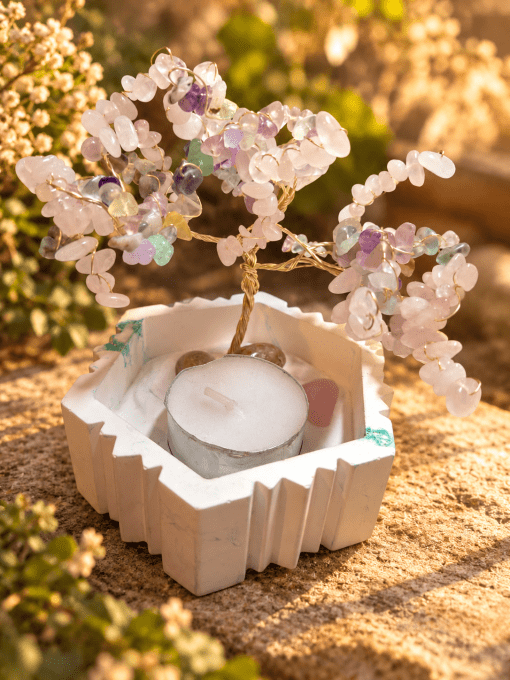Arbre de vie fluorite et quartz rose - bougeoir 