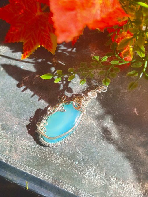  Pendentif argent Aqua Calcédoine -pierre purifiante. 