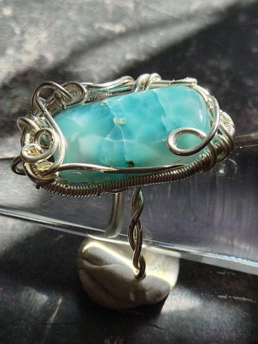 Bague  chevalière Larimar : Pierre des dauphins. 22*18 mm