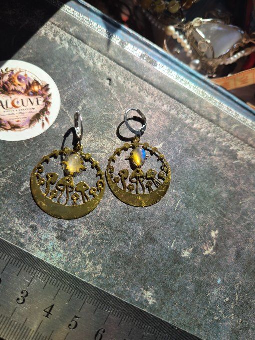 Boucle d’oreille Pierre de lune Péristerite champignon