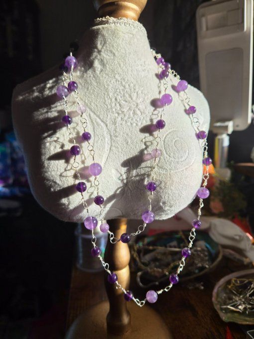 Collier 2 rang perles d'améthyste. 