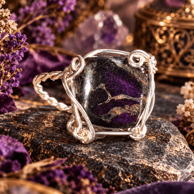 Bague purpurite de Namibie, pierre de libération et d’intuition. 15*15 mm