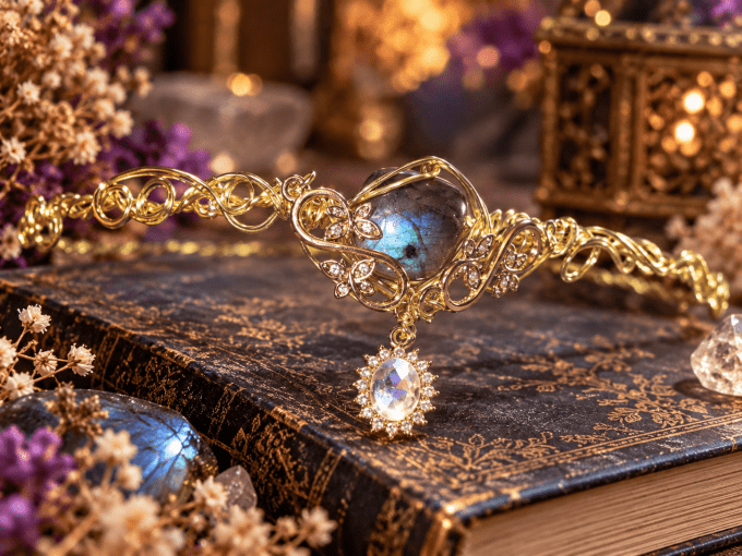 Diadème Eléanor : Labradorite Bleue et Bijou Elfique.