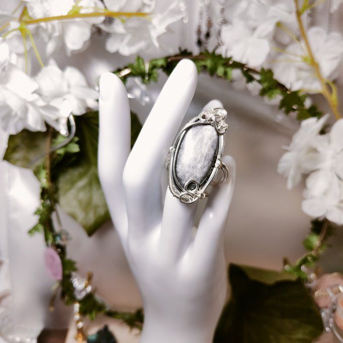 Bague Marquise ✨ obsidienne argenté ✨Sheen( brillante )