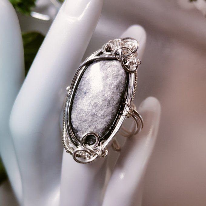 Bague Marquise ✨ obsidienne argenté ✨Sheen( brillante )