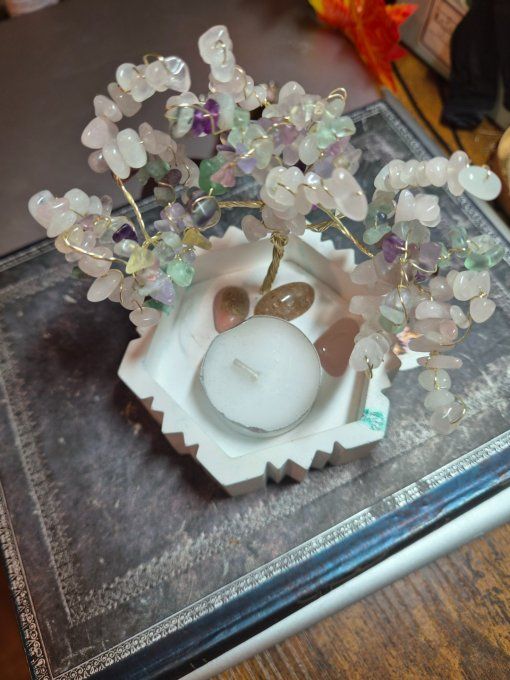 Arbre de vie fluorite et quartz rose - bougeoir 