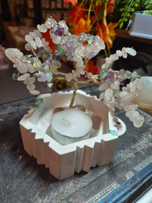 Arbre de vie fluorite et quartz rose - bougeoir 