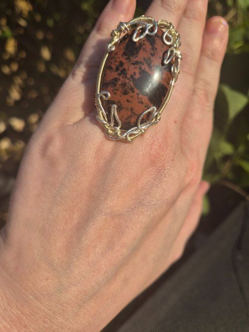Bague Chevalière Obsidienne acajou -Protection & Sérénité  