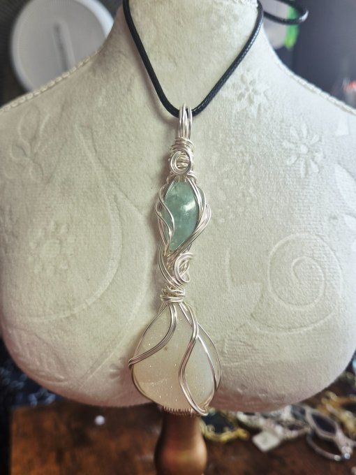 Pendentif sablier aigue marine et agate druzy blanche 