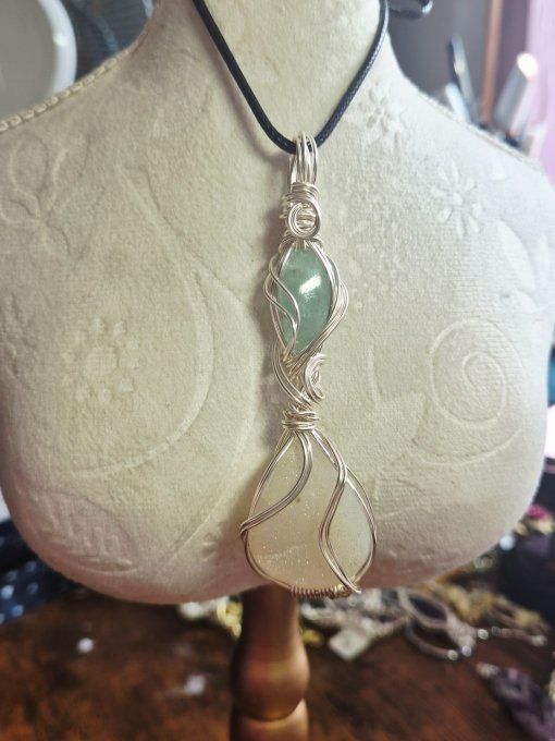 Pendentif sablier aigue marine et agate druzy blanche 