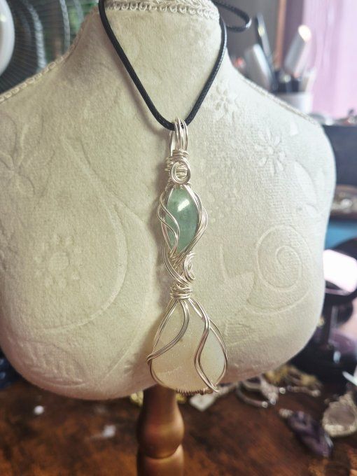 Pendentif sablier aigue marine et agate druzy blanche 