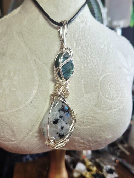 Pendentif sablier labradorite et pierre de lune 