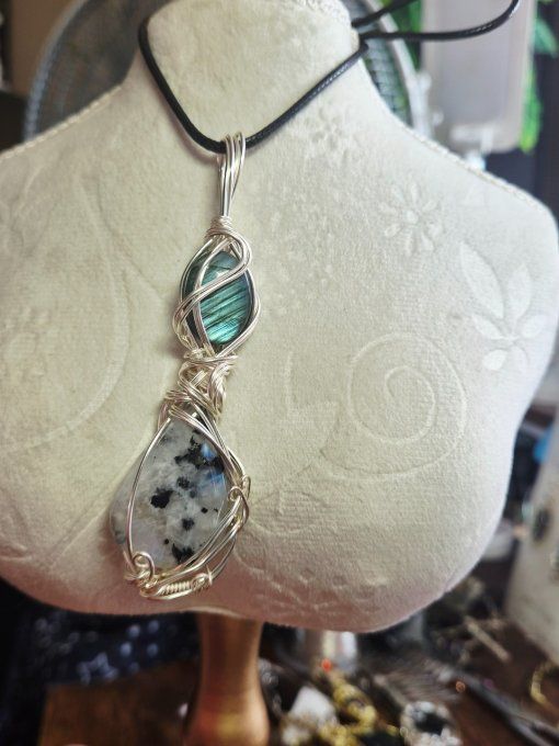 Pendentif sablier labradorite et pierre de lune 