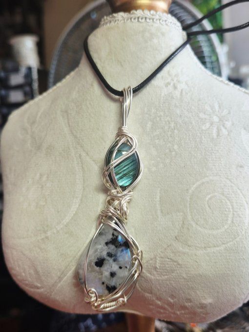 Pendentif sablier labradorite et pierre de lune 