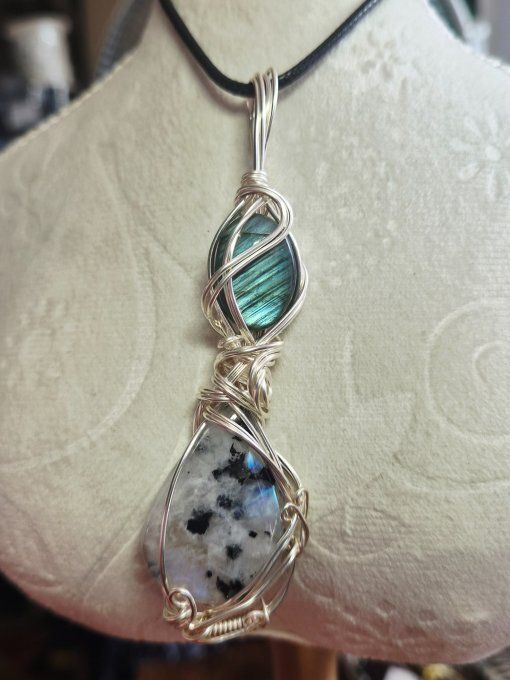 Pendentif sablier labradorite et pierre de lune 