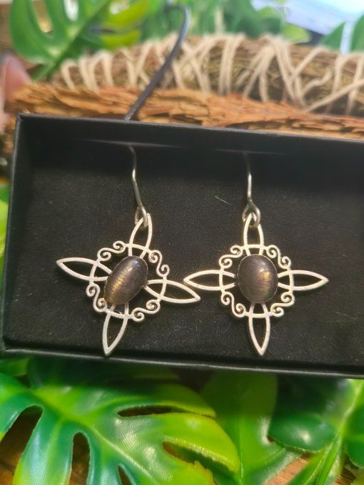 Boucle d'oreille Pierre de soleil Noire- confiance et joie 