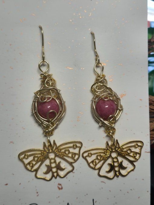 Boucle d’oreille or Rhodonite , soin du coeur 
