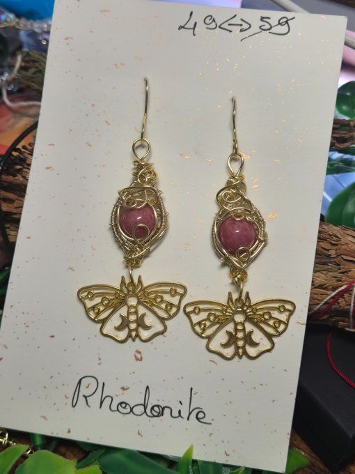 Boucle d’oreille or Rhodonite , soin du coeur 