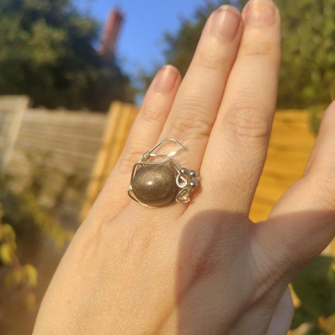 Bague obsidienne argenté Chat Sheen 