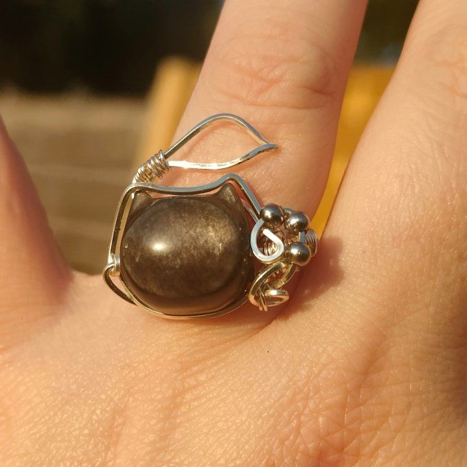 Bague obsidienne argenté Chat Sheen 
