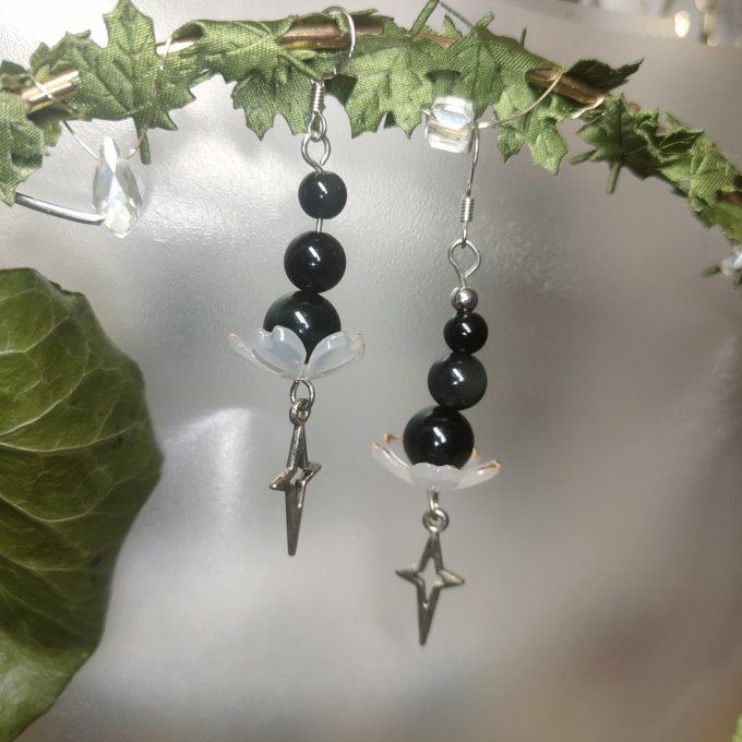 boucle Fleur Oeil Celeste obsidienne