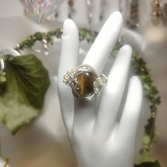 0eil de tigre gemme - Bague courrone ovale-ajustable