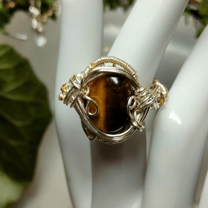 0eil de tigre gemme - Bague courrone ovale-ajustable
