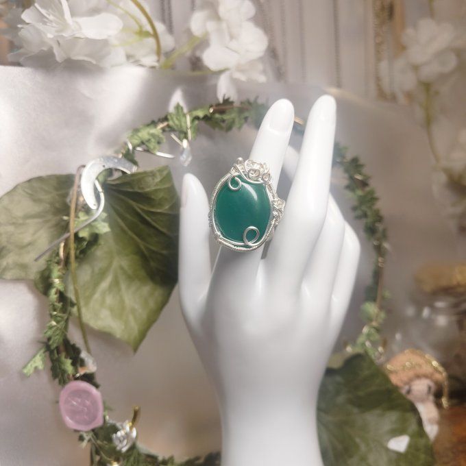 Bague Onyx verte courrone-ajustable