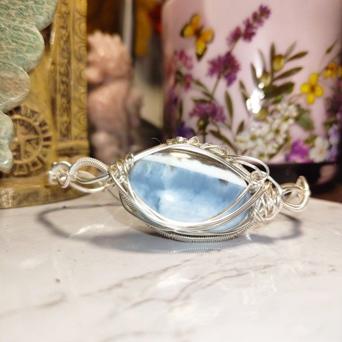 Bracelet torsade Opale Bleue Commune ✨– Communication & Libération Spirituelle✨ 