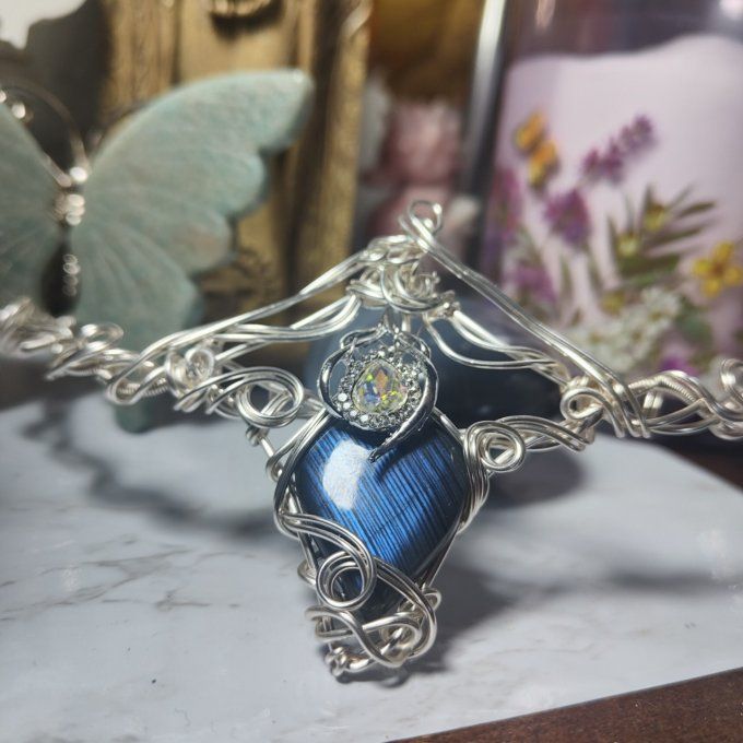 Diadème-Collier✨ "Cœur de Brume"✨ Labradorite Bleu.
