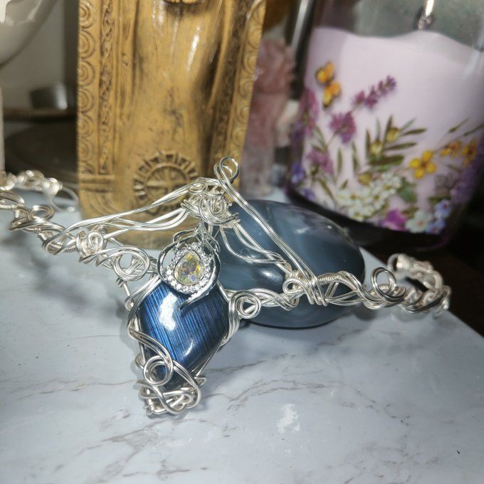 Diadème-Collier✨ "Cœur de Brume"✨ Labradorite Bleu.