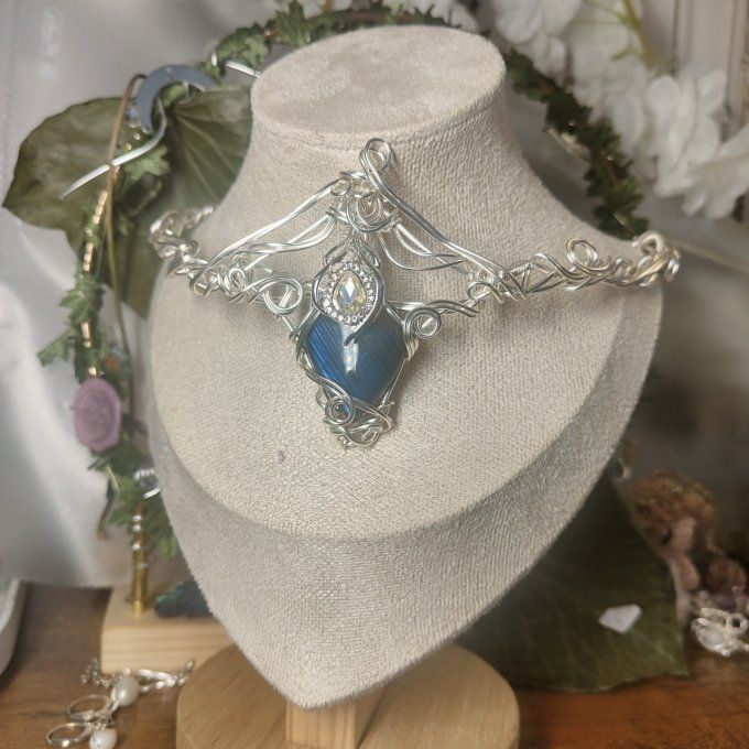 Diadème-Collier✨ "Cœur de Brume"✨ Labradorite Bleu.