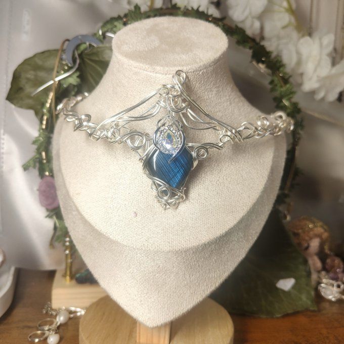 Diadème-Collier✨ "Cœur de Brume"✨ Labradorite Bleu.