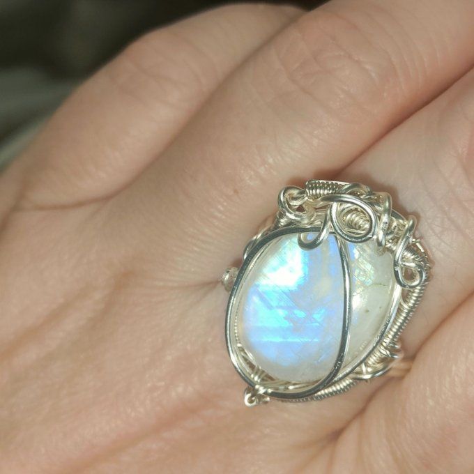 Bague péristérite :pierre de lune  - marquise 