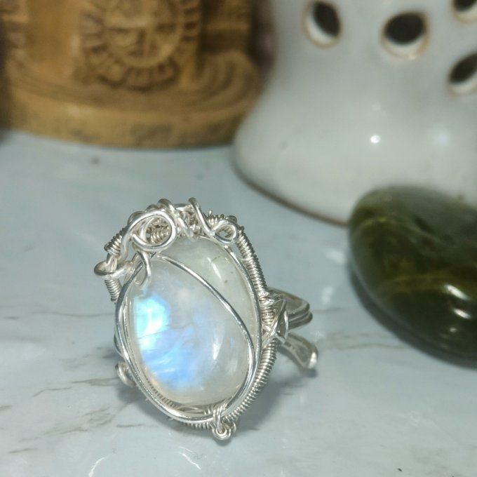 Bague péristérite :pierre de lune  - marquise 