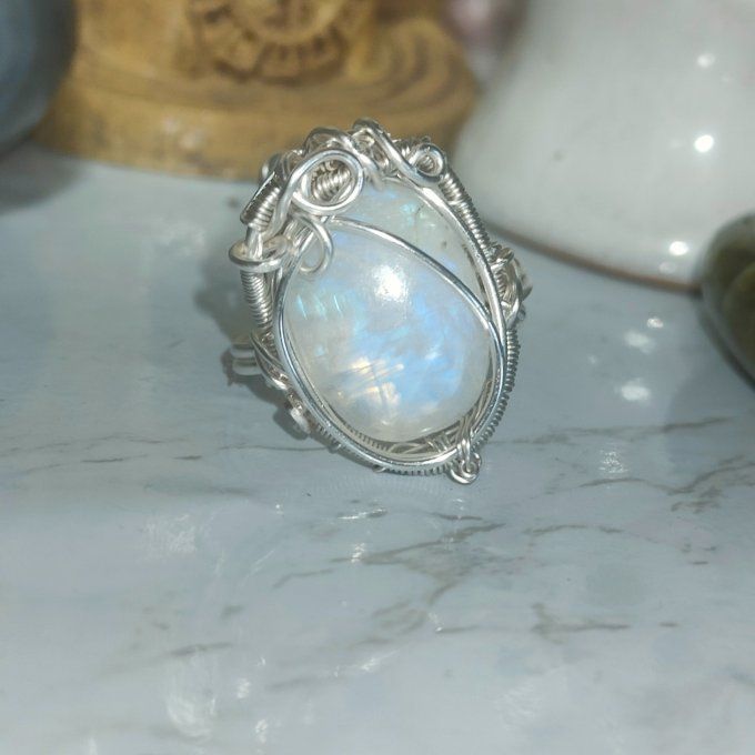 Bague péristérite :pierre de lune  - marquise 