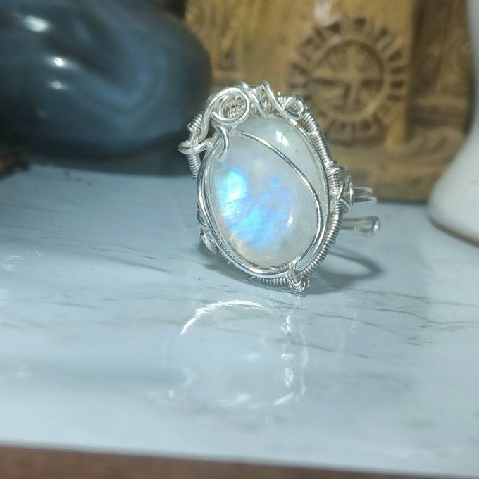 Bague péristérite :pierre de lune  - marquise 