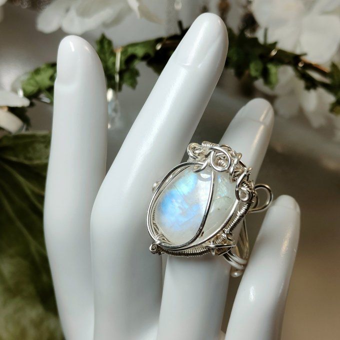 Bague péristérite :pierre de lune  - marquise 