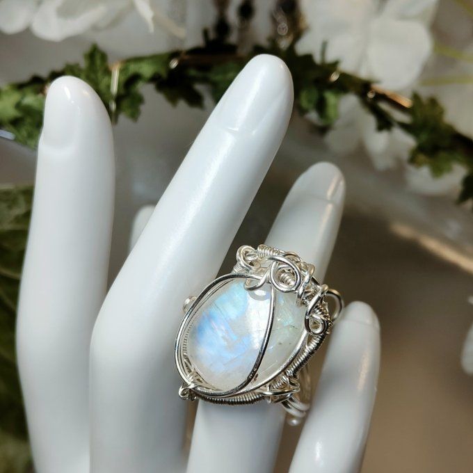 Bague péristérite :pierre de lune  - marquise 