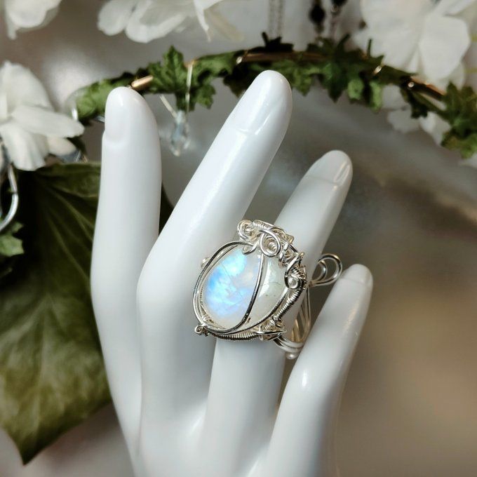 Bague péristérite :pierre de lune  - marquise 