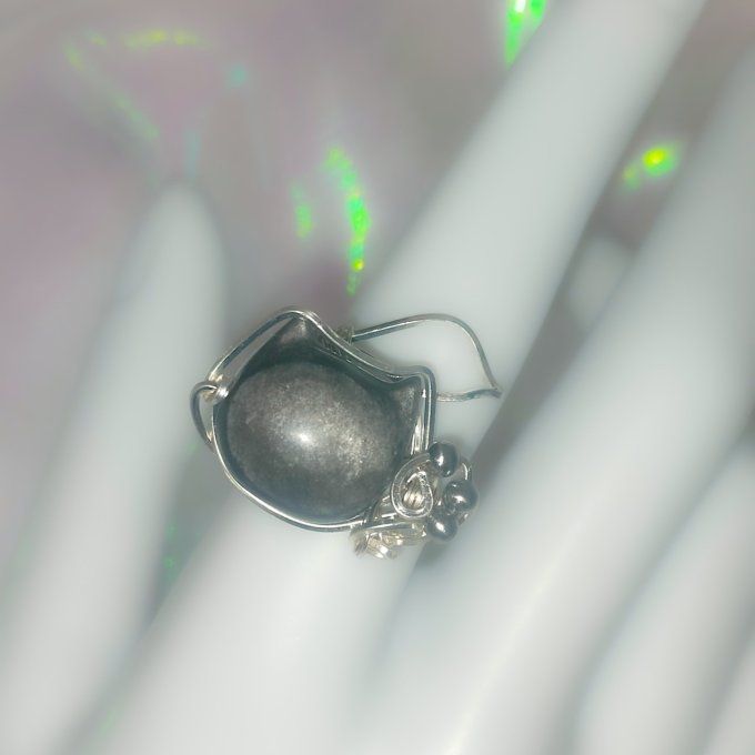Bague obsidienne argenté Chat Sheen 