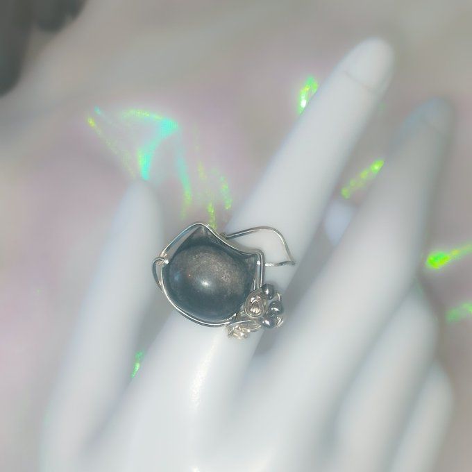 Bague obsidienne argenté Chat Sheen 